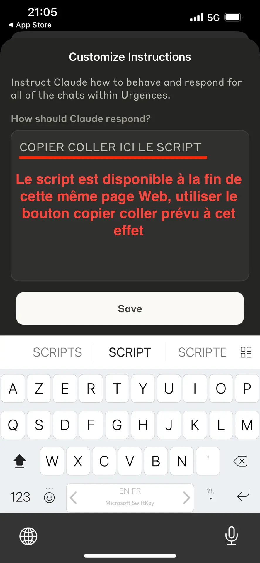 Coller le script IA dans les instructions Claude